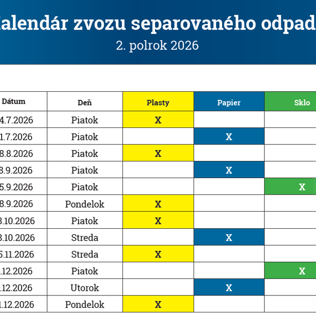 Kalendár zvozu separovaného odpadu na druhý polrok 2026